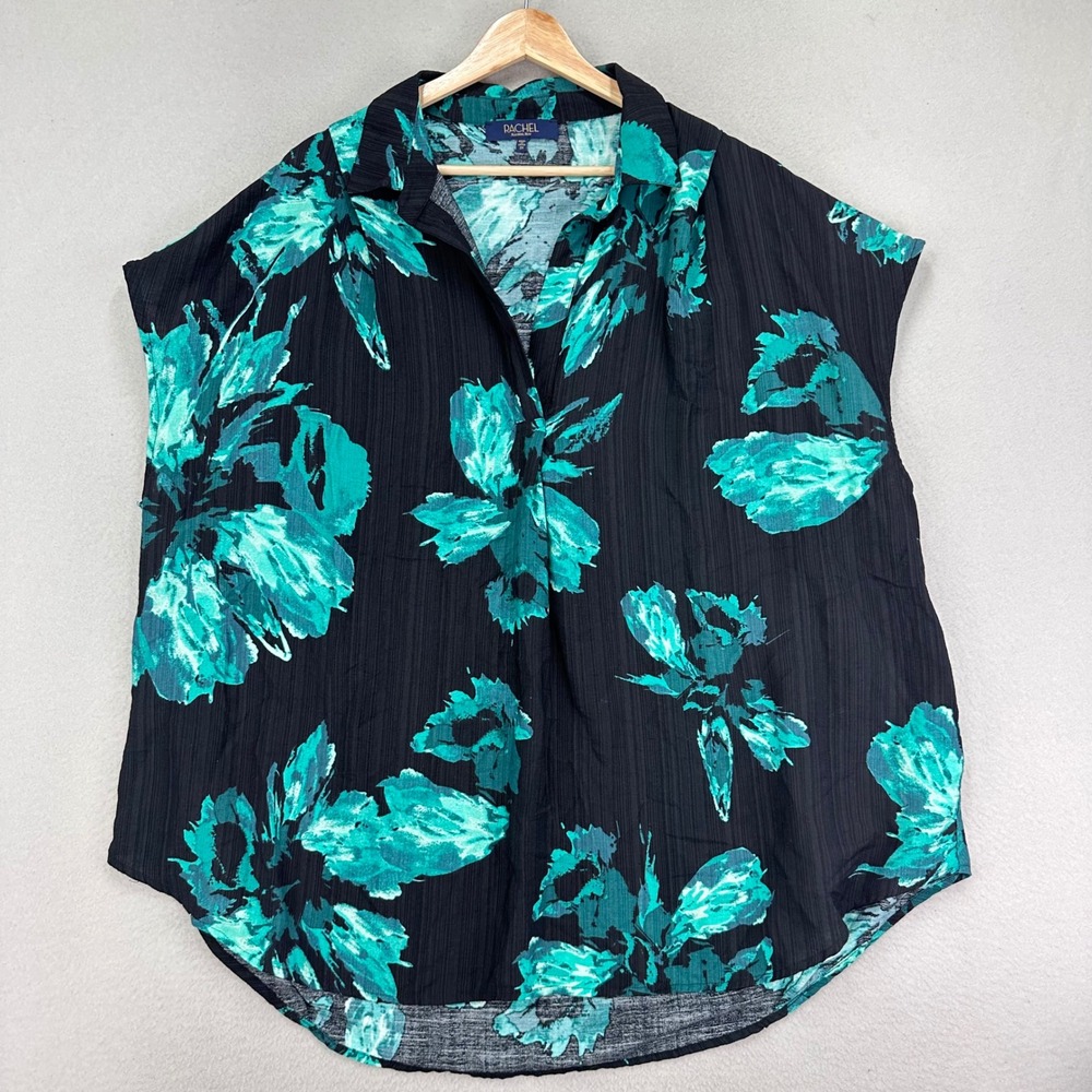 Rachel Roy Blouse Womens 2X Black Green Floral Pop Over Tunic Short Sleeve
